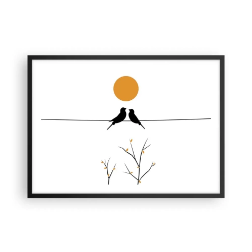 Affiche dans un cadre noir - Poster - Oiseaux sur une ligne avec un soleil jaune - 70x50cm - Soirée pour rossignols - Décoration murale moderne pour le salon et la chambre ARTTOR