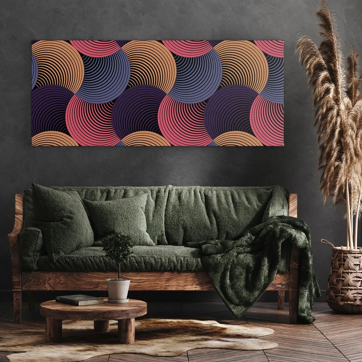 Impression sur toile - Image sur toile - Cercles géométriques dans des tons de rose, violet et or - 160x50cm - Dans un rythme circulaire - Décoration murale moderne pour le salon et la chambre ARTTOR