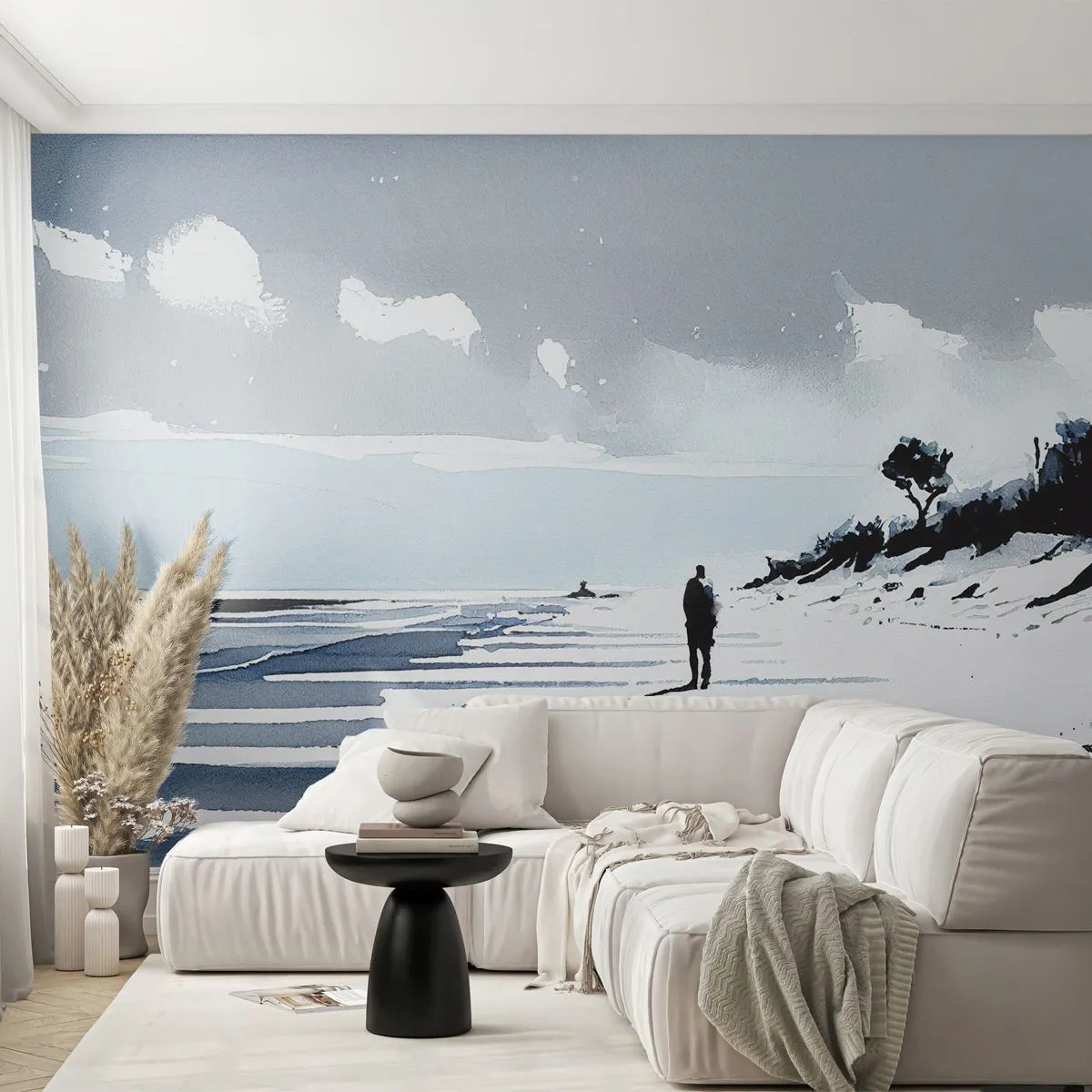 Papier Peint Photo Premium Sand - Une silhouette solitaire marche le long d'une plage déserte dans des tons de gris. - 100x70cm - Seul à seul - Décoration murale moderne pour le salon et la chambre ARTTOR