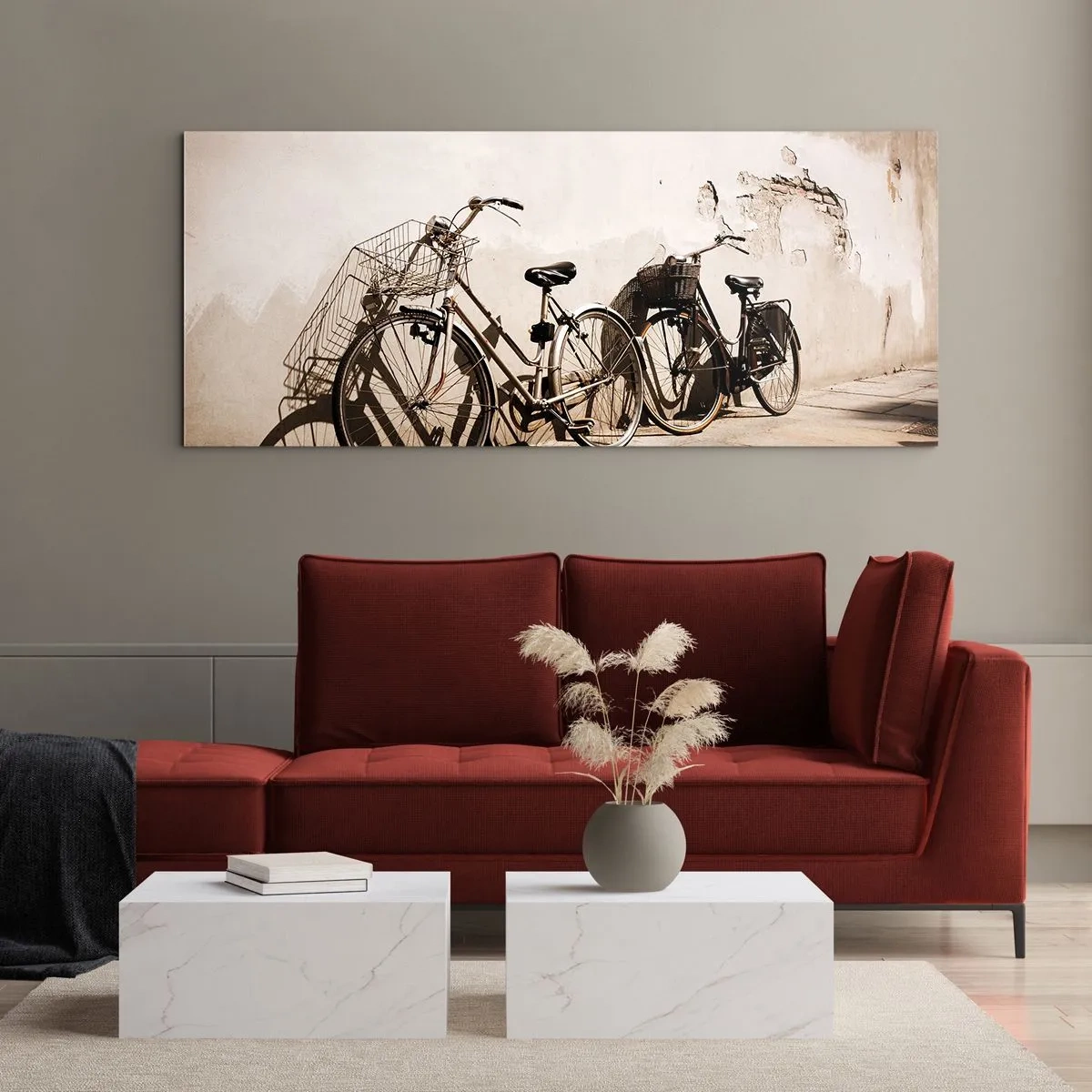 Impression sur verre - Image sur verre - Deux vélos appuyés contre un vieux mur de style rétro - 160x50cm - Le charme inoubliable du passé - Décoration murale moderne pour le salon et la chambre ARTTOR