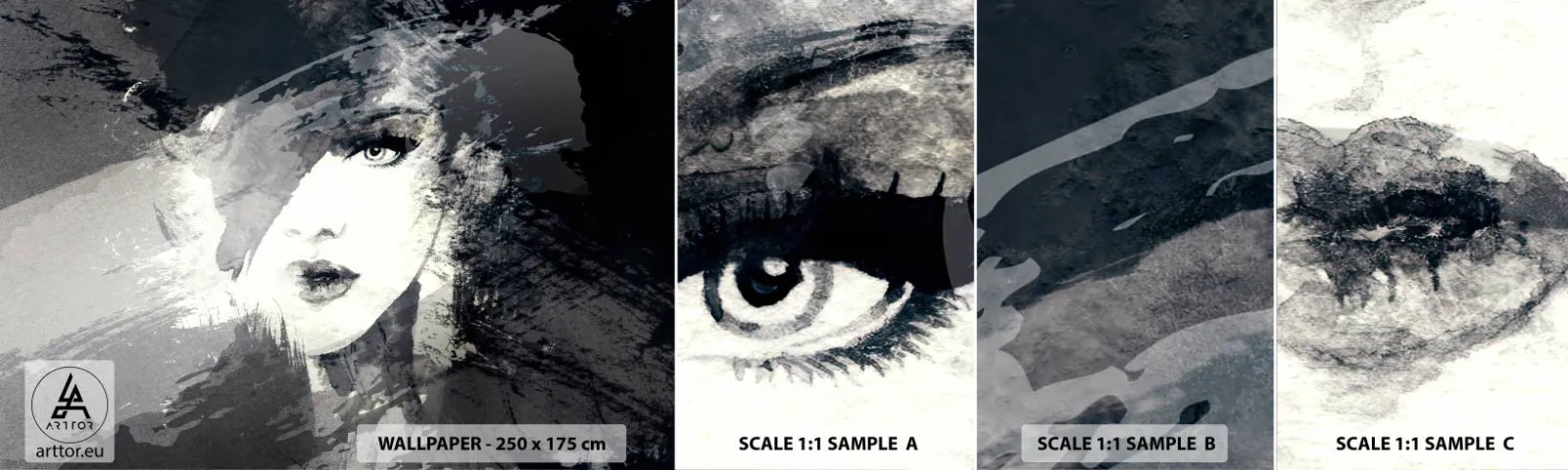 Échantillon De Papier Peint Standard Eco - Derrière un voile gris - Visage de femme, Noir et blanc, Yeux - 100x30 cm