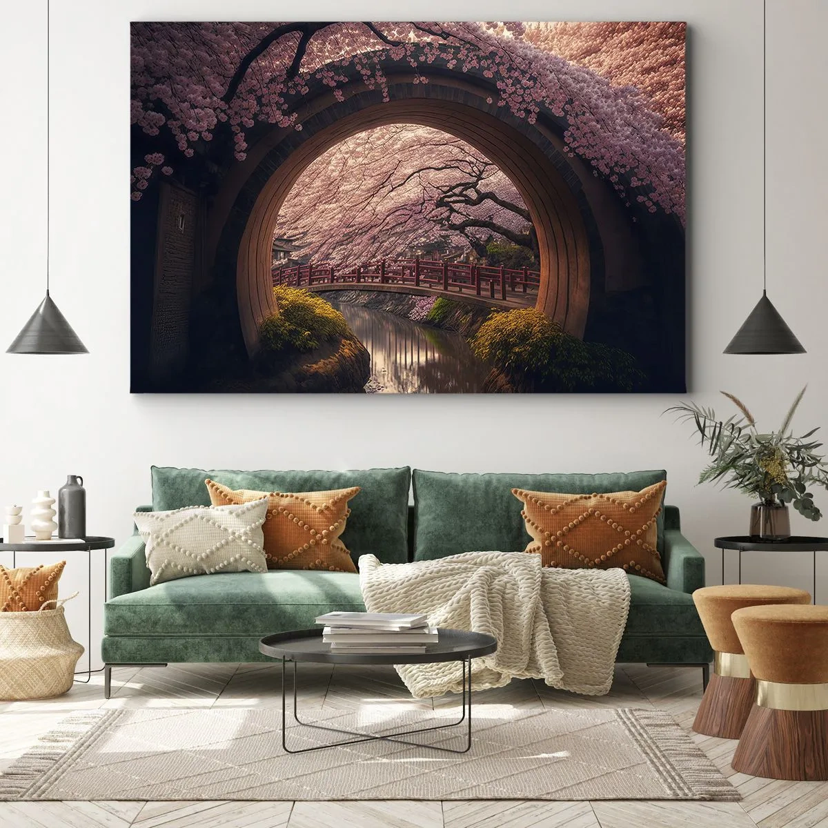 Impression sur toile - Image sur toile - Un pont japonais traditionnel entouré de fleurs de cerisier - 70x50cm - Printemps japonais - Décoration murale moderne pour le salon et la chambre ARTTOR
