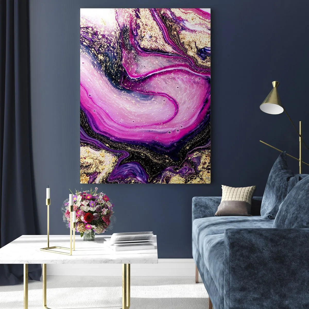 Impression sur verre - Image sur verre - Une composition abstraite dans des tons de violet et d'or. - 50x70cm - Un instant dans les coulisses - Décoration murale moderne pour le salon et la chambre ARTTOR