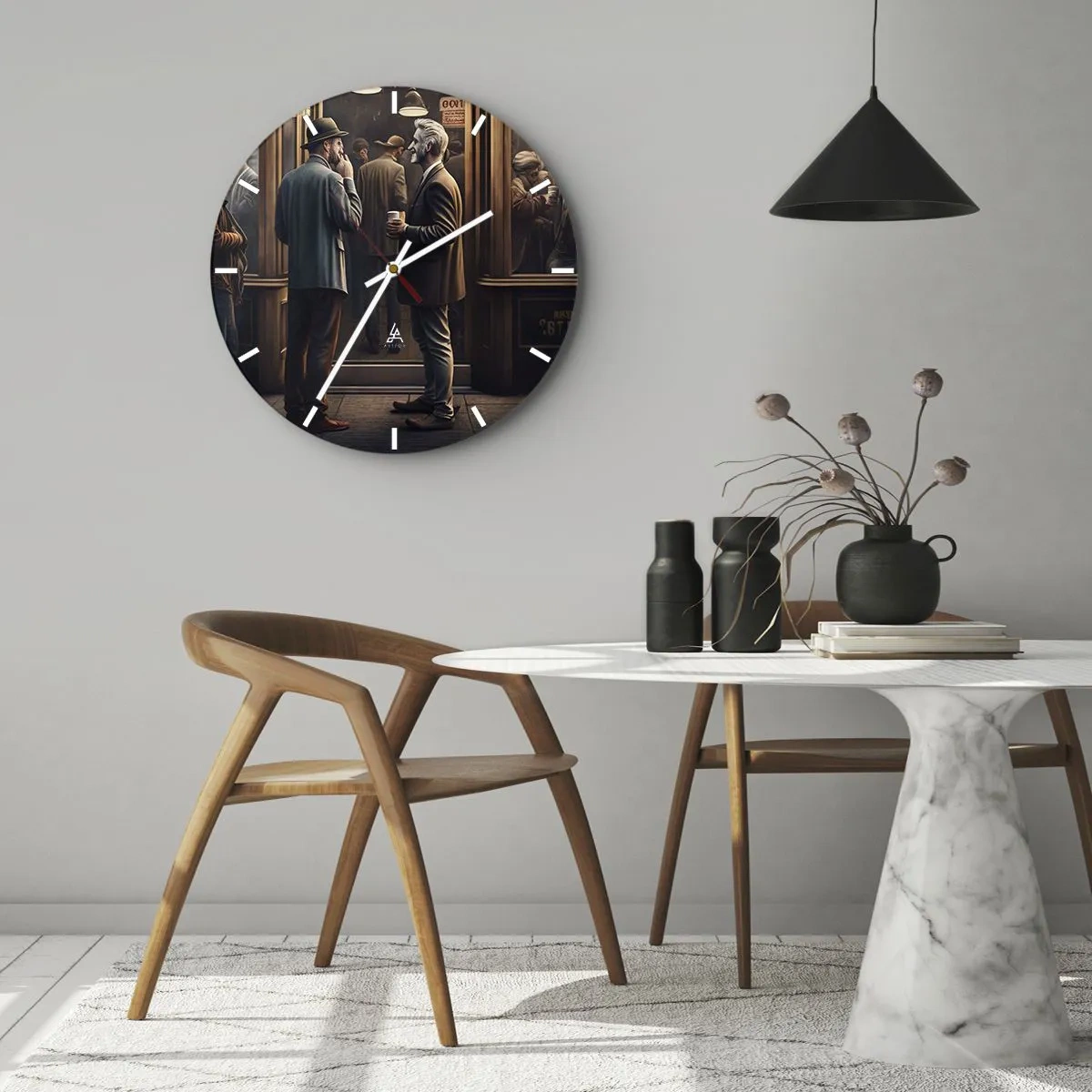 Horloge murale - Pendule murale - Deux hommes discutent autour d'un café devant un café - 30x30cm - Bon moment de la journée - Décoration murale moderne pour le salon, la cuisine et la chambre ARTTOR