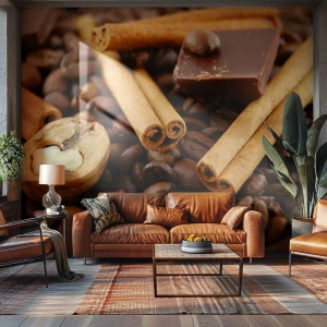 Papier Peint Photo Premium Sand - Gros plan sur les grains de café, la cannelle, le chocolat et les noix - 100x70cm - Concert d'aromates - Décoration murale moderne pour le salon et la chambre ARTTOR