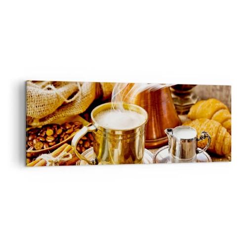 Impression sur toile - Image sur toile - Une tasse de café dorée entourée de grains, de cruches et de croissants - 140x50cm - Bonne journée! - Décoration murale moderne pour le salon et la chambre ARTTOR
