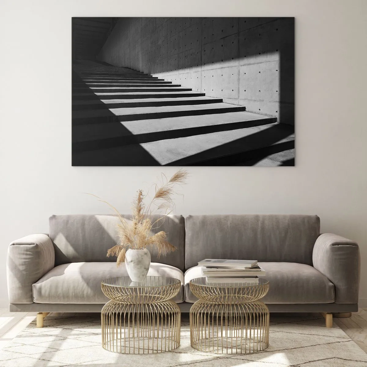 Impression sur verre - Image sur verre - Escaliers en béton dans une lumière vive et une ombre dans un style moderne - 70x50cm - La beauté brute du modernisme - Décoration murale moderne pour le salon et la chambre ARTTOR