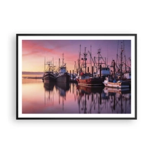 Affiche dans un cadre noir - Poster - Bateaux de pêche dans le port au coucher du soleil - 100x70cm - Avant le jour suivant - Décoration murale moderne pour le salon et la chambre ARTTOR
