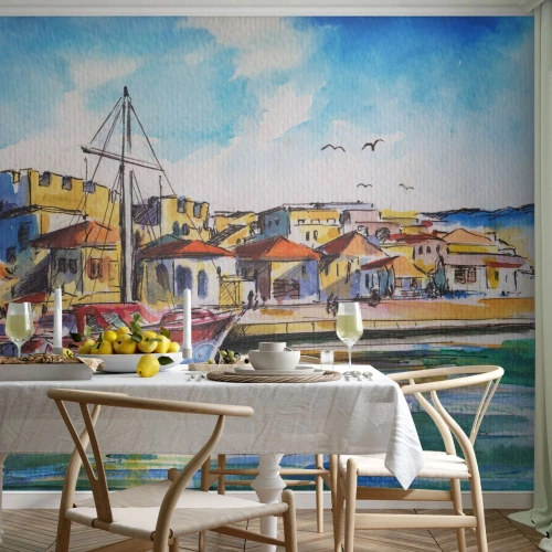Papier Peint Photo Premium Canvas - Après-midi arc-en-ciel - port, Yacht, Bord de mer - 250x175 cm