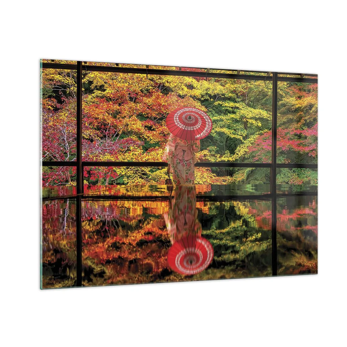 Impression sur verre - Image sur verre - Une femme en kimono avec un parapluie sur fond de paysage d'automne, reflété dans l'eau. - 100x70cm - Dans le temple de la nature - Décoration murale moderne pour le salon et la chambre ARTTOR