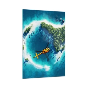 Impression sur verre - Image sur verre - Une île tropicale entourée d'eau turquoise avec un hélicoptère en vue - 80x120cm - Achetez-vous une île - Décoration murale moderne pour le salon et la chambre ARTTOR