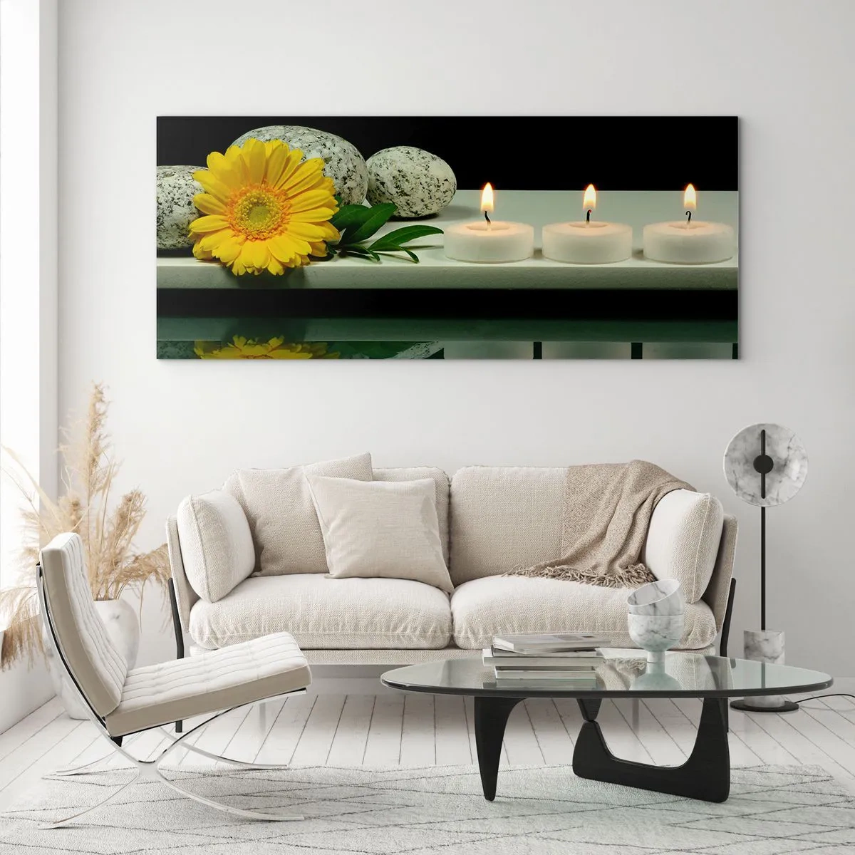 Impression sur verre - Image sur verre - Fleur jaune, bougies et pierres sur fond d'eau - 160x50cm - Apaisement des sens - Décoration murale moderne pour le salon et la chambre ARTTOR