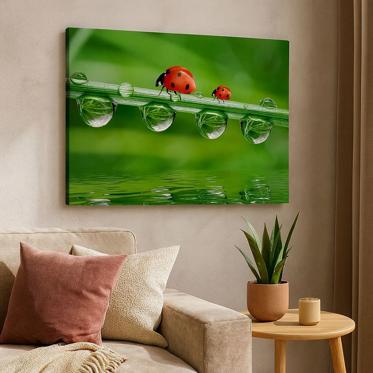 Impression sur toile - Image sur toile - Coccinelles sur un brin d'herbe avec des gouttes de rosée dans un cadre naturel - 70x50cm - Sur la route tout l'été - Décoration murale moderne pour le salon et la chambre ARTTOR