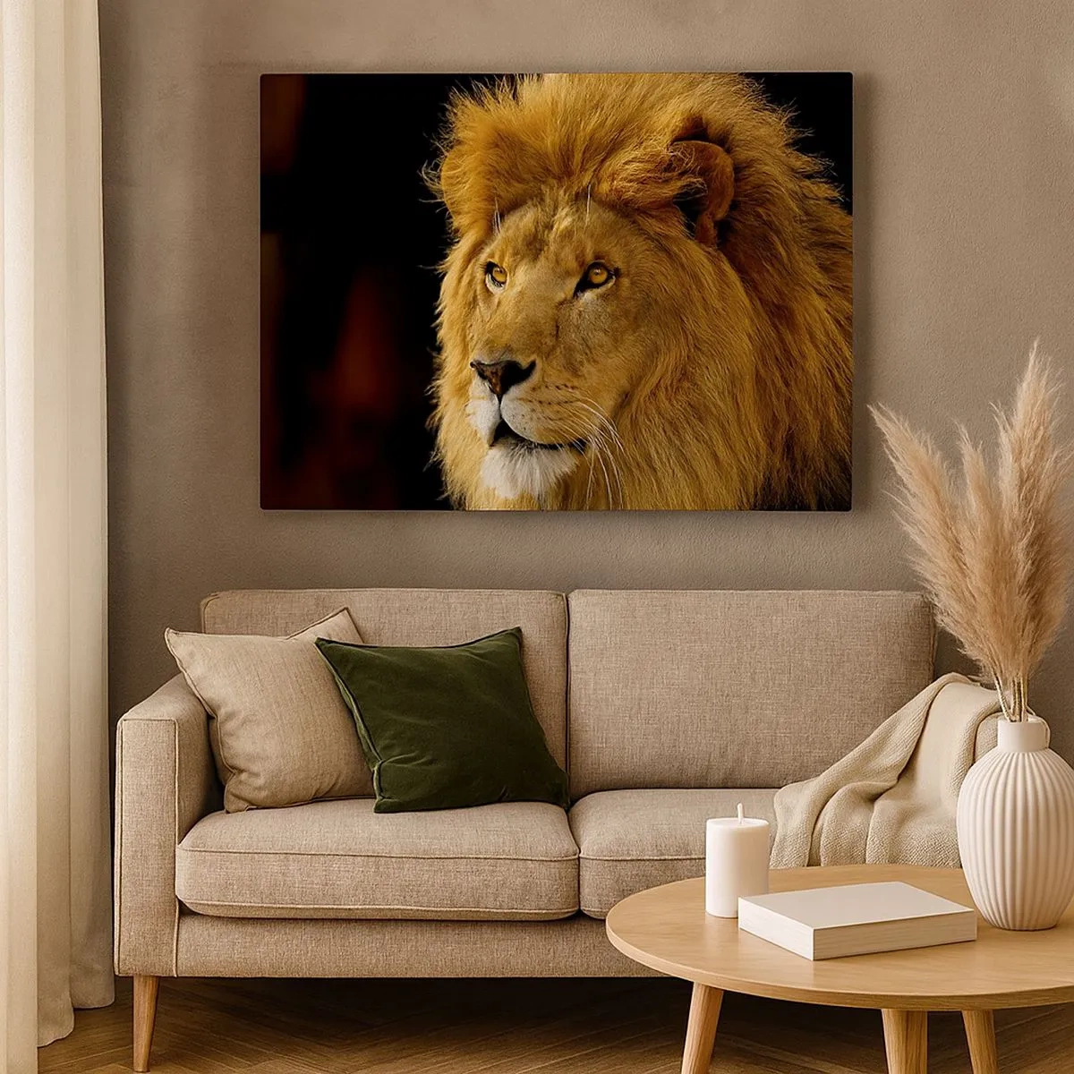 Impression sur toile - Image sur toile - Portrait d'un lion à la crinière majestueuse sur fond sombre - 70x50cm - Portrait de roi - Décoration murale moderne pour le salon et la chambre ARTTOR