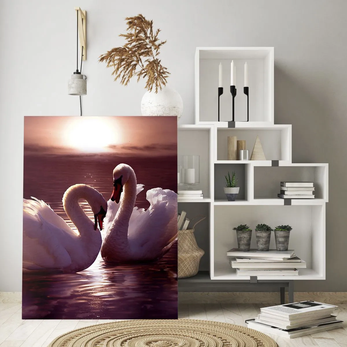 Impression sur verre - Image sur verre - Deux cygnes sur un lac calme au coucher du soleil - 80x120cm - Jusqu'à ce que la mort nous sépare - Décoration murale moderne pour le salon et la chambre ARTTOR