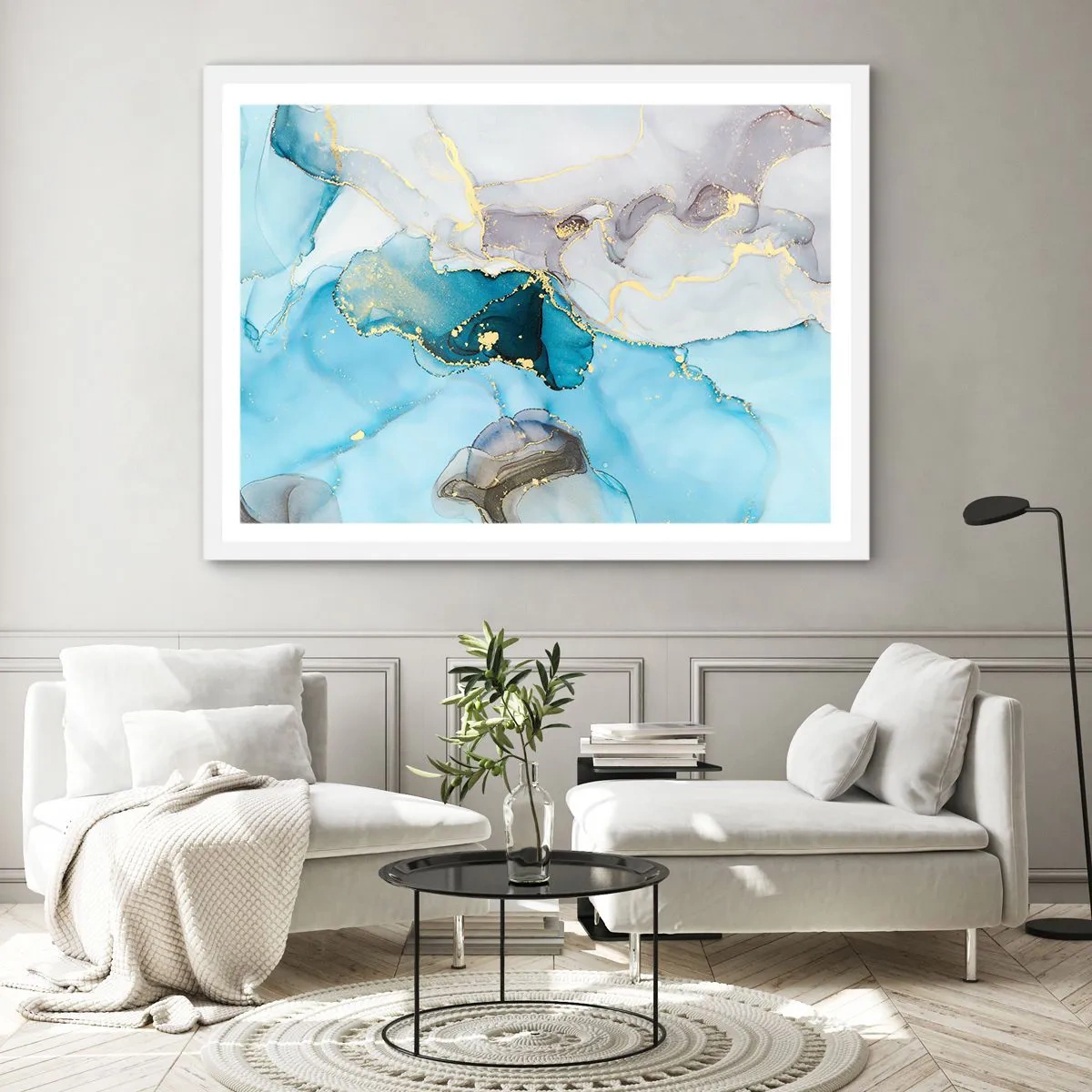 Affiche dans un cadre blanc - Poster - Etude de la rencontre gris et turquoise - 50x40 cm