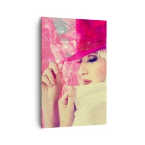 Impression sur toile - Image sur toile - Femme élégante avec un chapeau rose avec une fleur - 80x120cm - Portrait rétro dans une brume rose - Décoration murale moderne pour le salon et la chambre ARTTOR