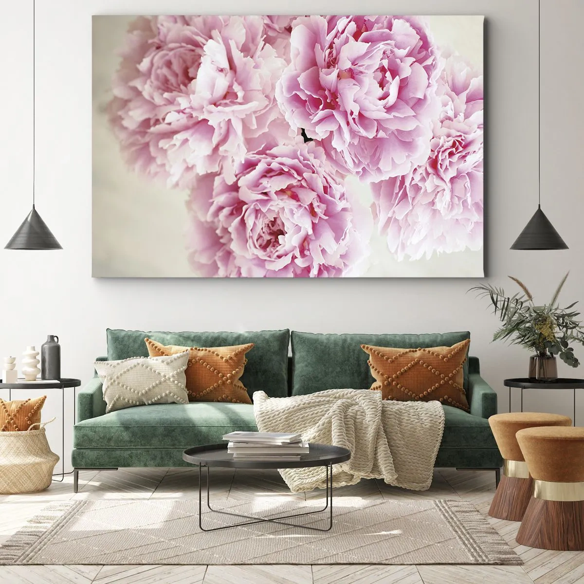 Impression sur toile - Image sur toile - Un bouquet de pivoines roses sur fond clair - 100x70cm - En glamour rose - Décoration murale moderne pour le salon et la chambre ARTTOR