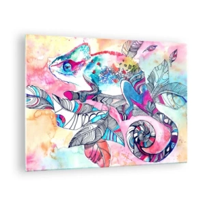 Impression sur verre - Image sur verre - Caméléon coloré parmi les feuilles dans un style aquarelle - 70x50cm - Aussi coloré que notre monde - Décoration murale moderne pour le salon et la chambre ARTTOR