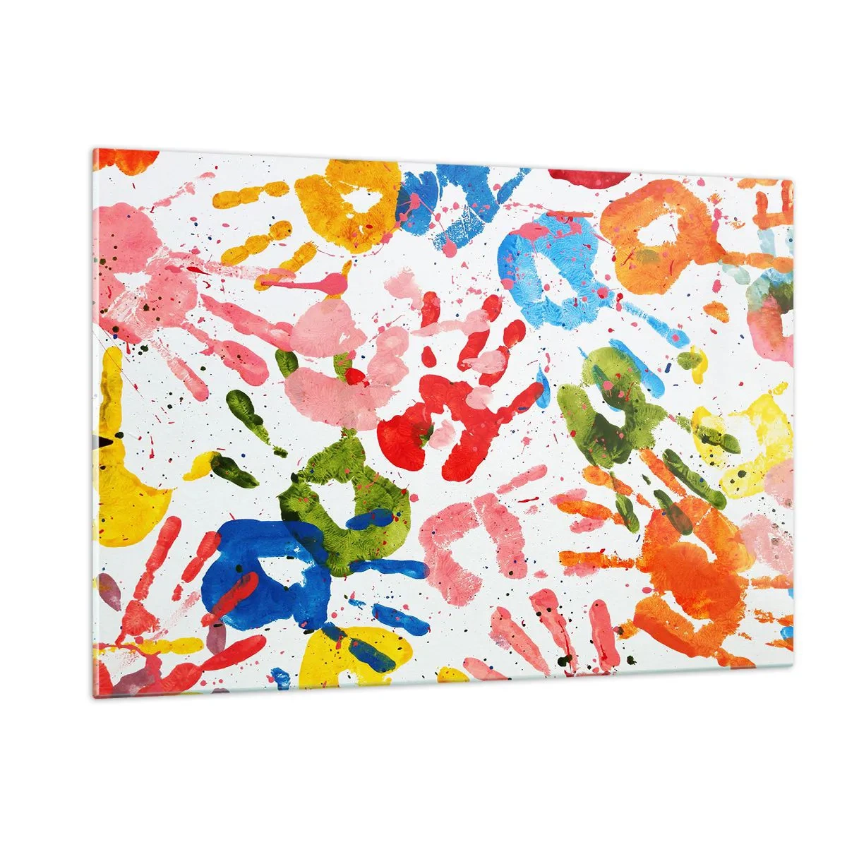 Impression sur verre - Image sur verre - Empreintes de mains colorées sur fond blanc - 120x80cm - Suivez les traces - Décoration murale moderne pour le salon et la chambre ARTTOR