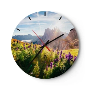 Horloge murale - Pendule murale - Un champ de fleurs dans un paysage de montagne illuminé par le soleil - 30x30cm - La vie secrète des herbes - Décoration murale moderne pour le salon, la cuisine et la chambre ARTTOR