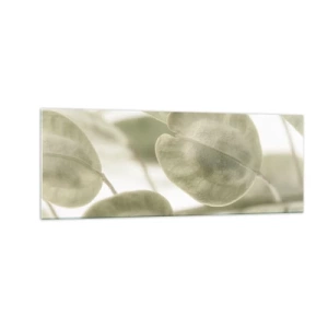 Impression sur verre - Image sur verre - Une peinture délicate de feuilles dans des tons pastel de vert sur un fond clair. - 140x50cm - Au commencement il y avait des feuilles... - Décoration murale moderne pour le salon et la chambre ARTTOR