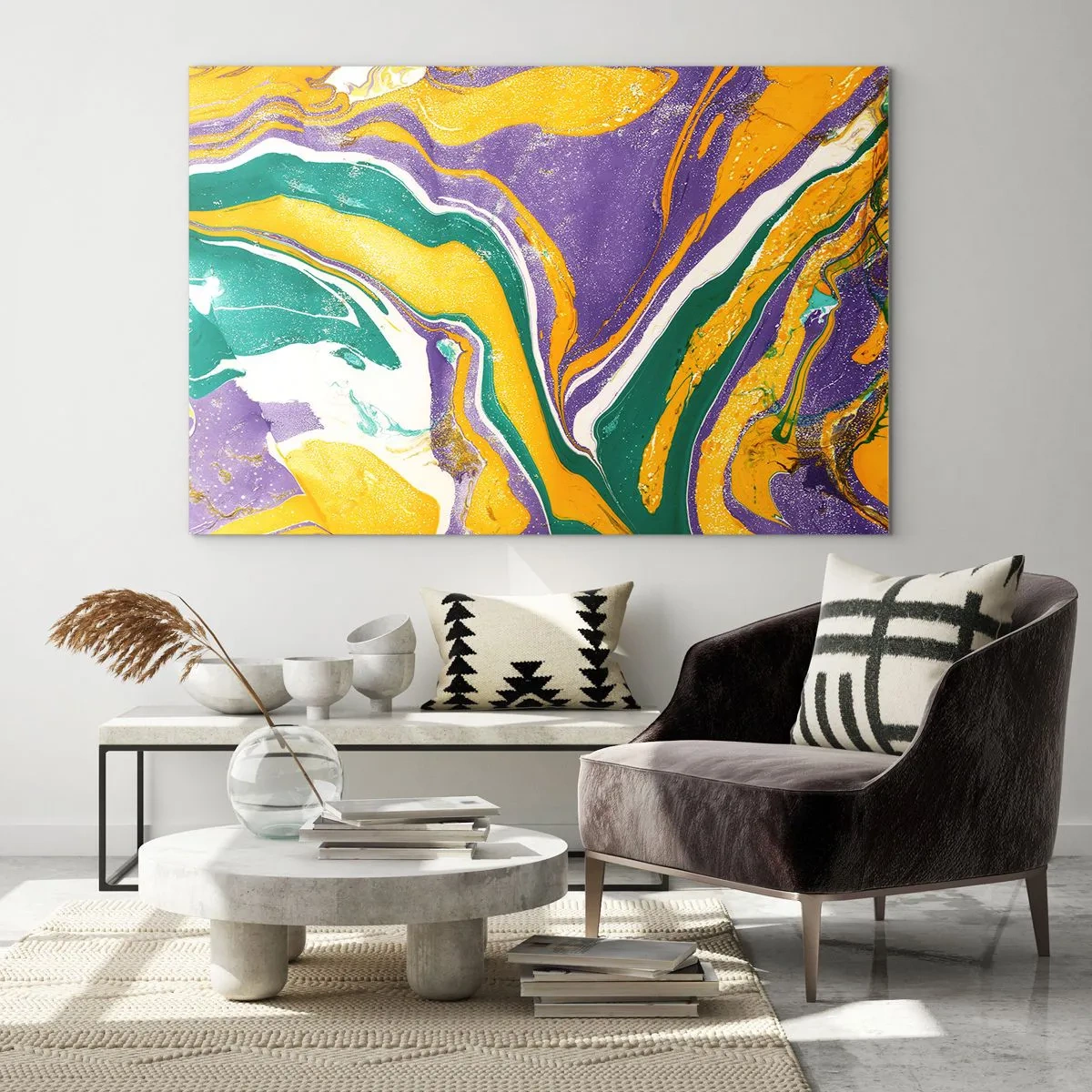 Impression sur verre - Image sur verre - Motif de vagues abstrait en jaune, violet et vert - 120x80cm - Ondes de couleur - Décoration murale moderne pour le salon et la chambre ARTTOR