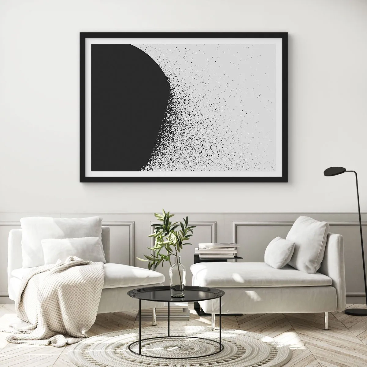 Affiche dans un cadre noir - Poster - Motif abstrait avec des particules noires sur un fond clair - 70x50cm - Mouvement des molécules - Décoration murale moderne pour le salon et la chambre ARTTOR