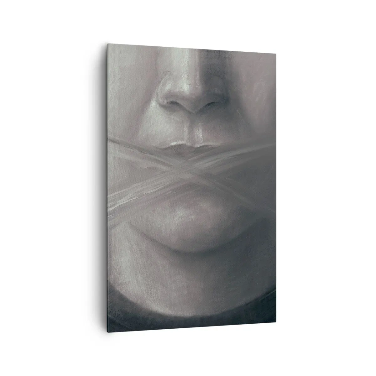 Impression sur toile - Image sur toile - Un portrait symbolique aux lèvres floues dans des tons gris. - 80x120cm - Sans mot - Décoration murale moderne pour le salon et la chambre ARTTOR