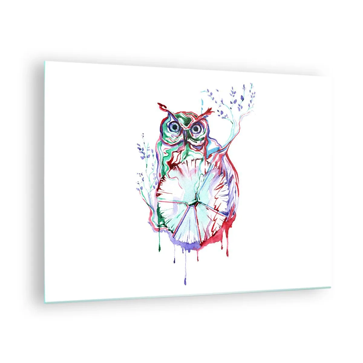 Impression sur verre - Image sur verre - Hibou abstrait dans une composition aquarelle colorée - 70x50cm - Sage par nature - Décoration murale moderne pour le salon et la chambre ARTTOR