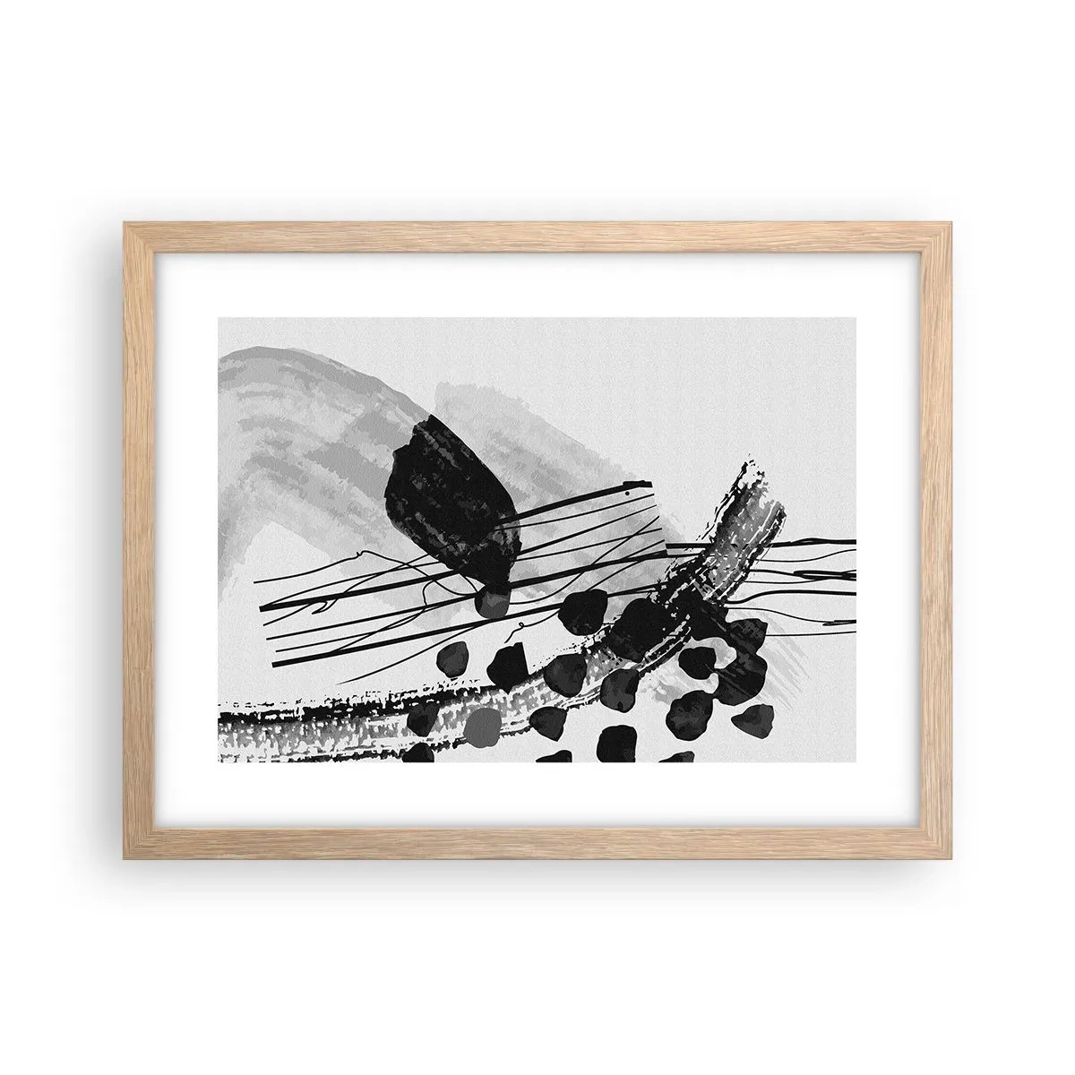 Affiche dans un chêne clair - Poster - Abstraction organique noir et blanc - 40x30 cm
