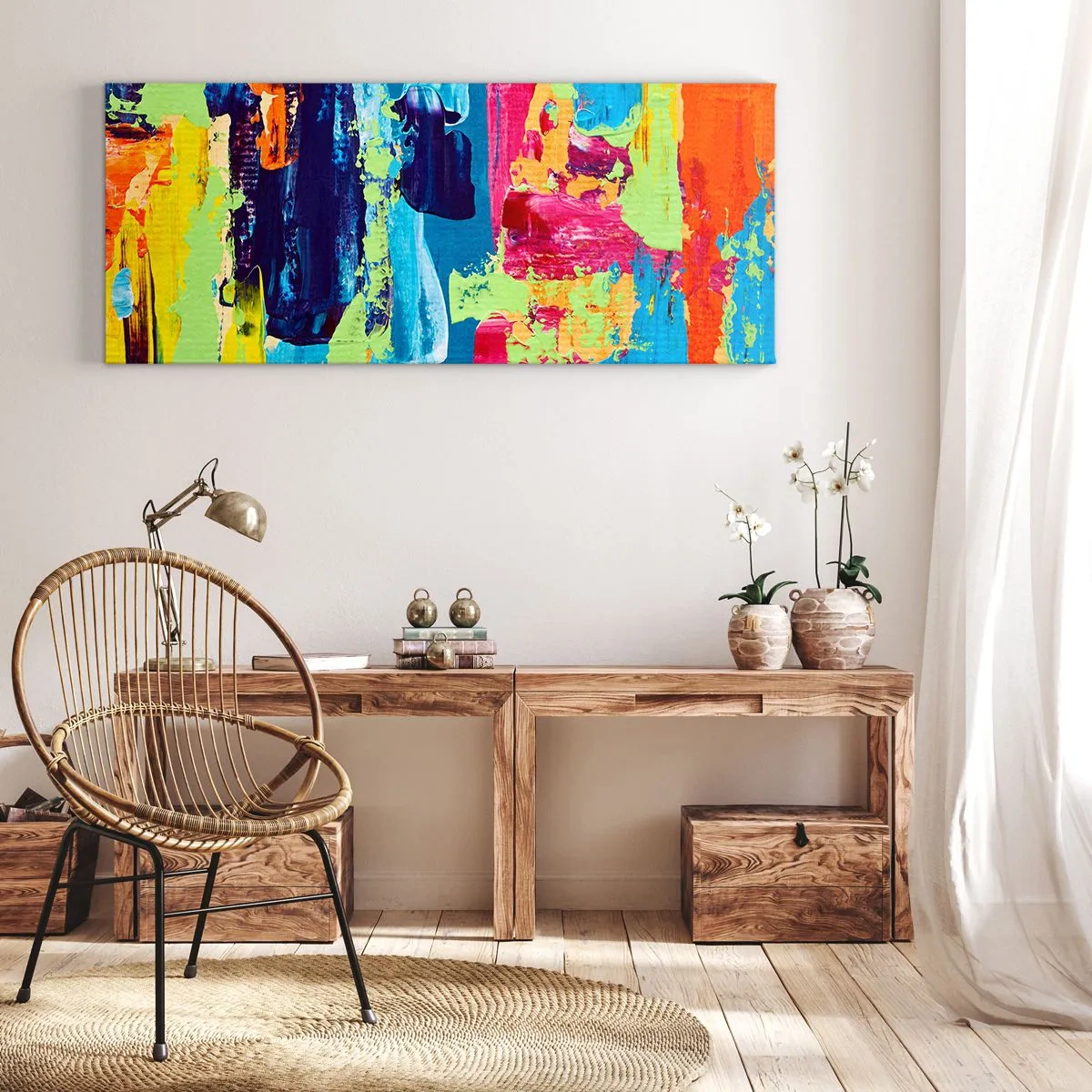 Impression sur toile - Image sur toile - Composition abstraite de couleurs sous une forme dynamique - 160x50cm - La vie est belle! - Décoration murale moderne pour le salon et la chambre ARTTOR
