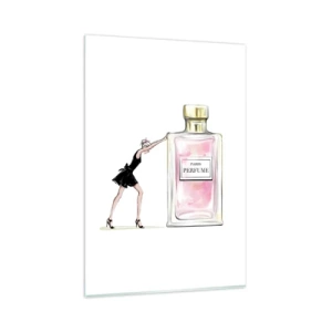 Impression sur verre - Image sur verre - Une femme en robe noire à côté d'un flacon de parfum - 80x120cm - L'essence des femmes - Décoration murale moderne pour le salon et la chambre ARTTOR