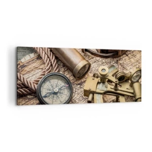 Impression sur toile - Image sur toile - Une boussole, un sextant et un télescope sur fond de vieille carte et de corde nautique. - 120x50cm - Fixer un cap - Décoration murale moderne pour le salon et la chambre ARTTOR