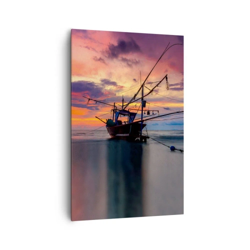 Impression sur toile - Image sur toile - Un bateau de pêche sur fond de coucher de soleil coloré - 80x120cm - Soirée exotique - Décoration murale moderne pour le salon et la chambre ARTTOR