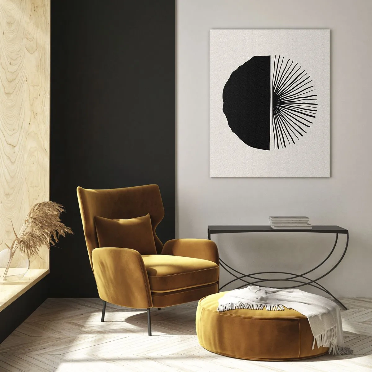 Impression sur verre - Image sur verre - Une forme géométrique noire avec un éventail de lignes sur un fond crème. - 50x70cm - Une gamme de possibilités - Décoration murale moderne pour le salon et la chambre ARTTOR