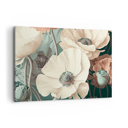 Impression sur toile - Image sur toile - Fleurs élégantes aux tons pastel sur fond vert - 100x70cm - Le murmure des coquelicots - Décoration murale moderne pour le salon et la chambre ARTTOR