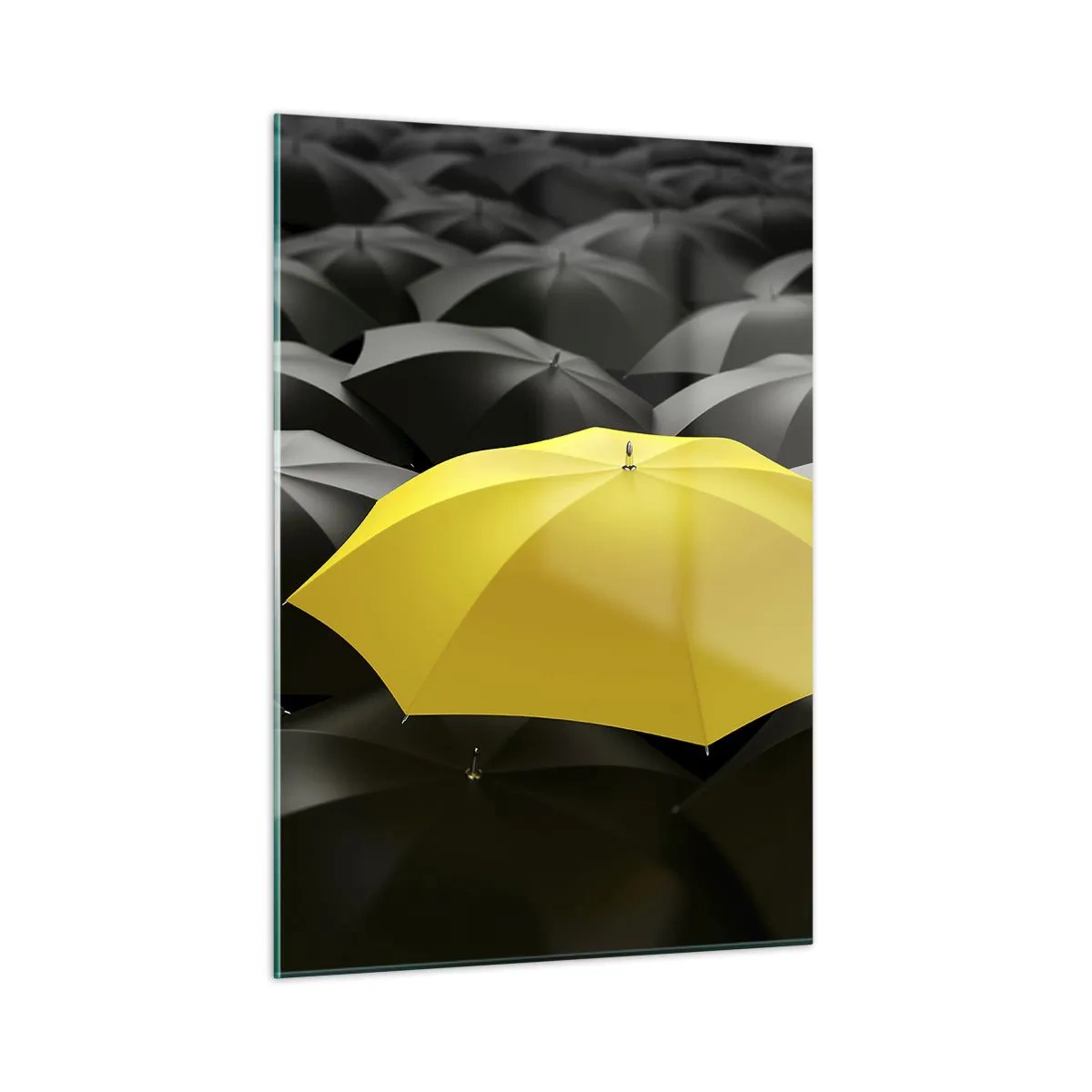 Impression sur verre - Image sur verre - Un parapluie jaune se détachant parmi les noirs - 50x70cm - Adieu chagrin - Décoration murale moderne pour le salon et la chambre ARTTOR