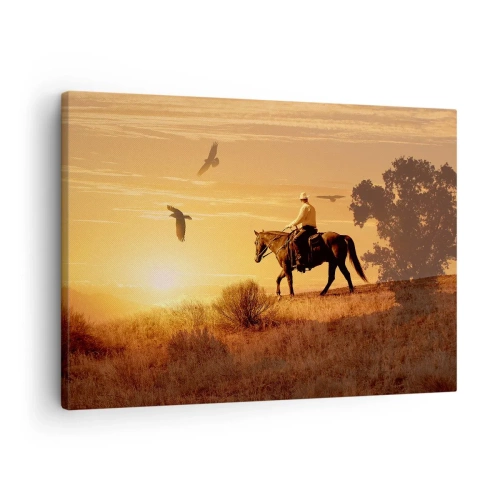 Impression sur toile - Image sur toile - Un cavalier sur un cheval au coucher du soleil contre la prairie - 70x50cm - Seul à travers la prairie - Décoration murale moderne pour le salon et la chambre ARTTOR