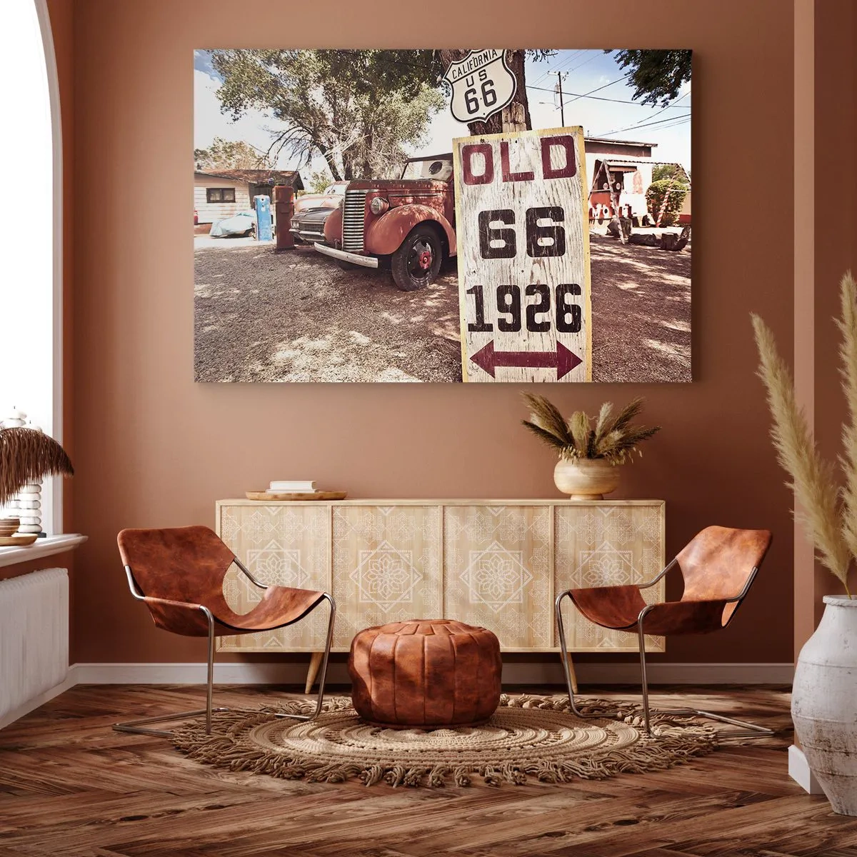 Impression sur toile - Image sur toile - Voiture rétro et panneau Route 66 dans un cadre rustique - 120x80cm - La légende de la province américaine - Décoration murale moderne pour le salon et la chambre ARTTOR