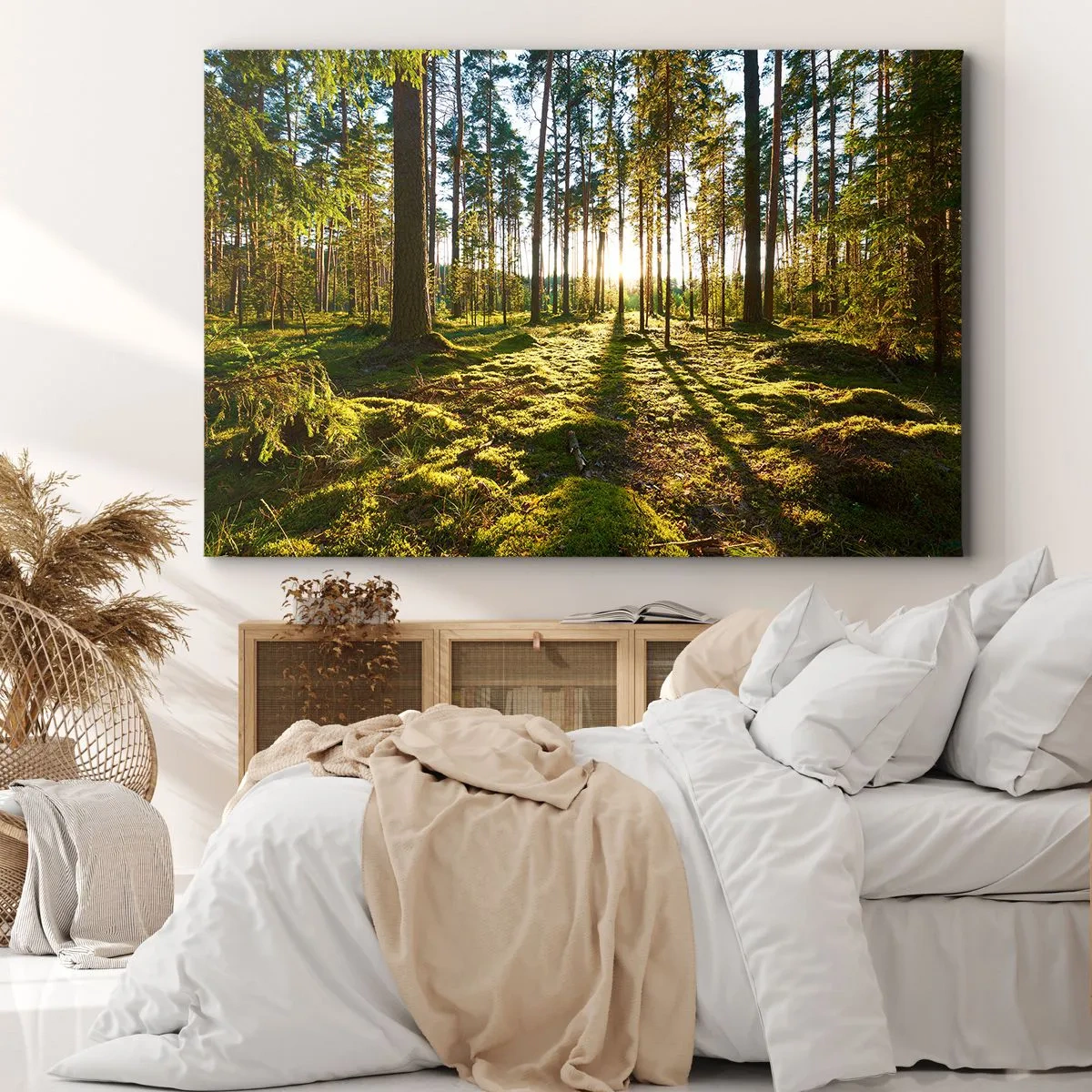 Impression sur toile - Image sur toile - Forêt verte illuminée par la lumière du soleil sur la mousse - 120x80cm - … Derrière les sept forêts - Décoration murale moderne pour le salon et la chambre ARTTOR