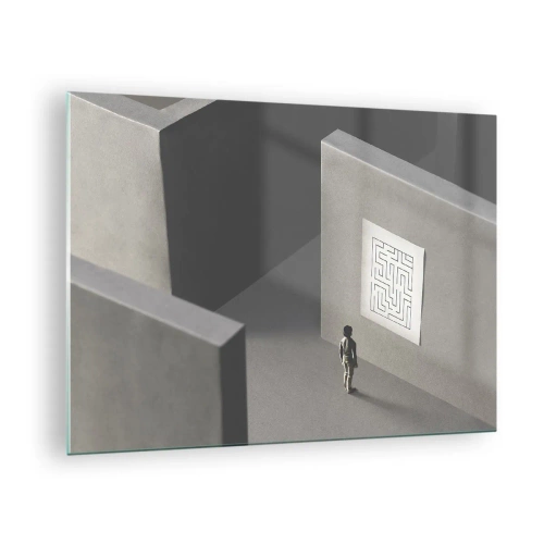 Impression sur verre - Image sur verre - Enfant dans un labyrinthe avec un symbole d'énigme - 70x50cm - Mais où suis-je? - Décoration murale moderne pour le salon et la chambre ARTTOR
