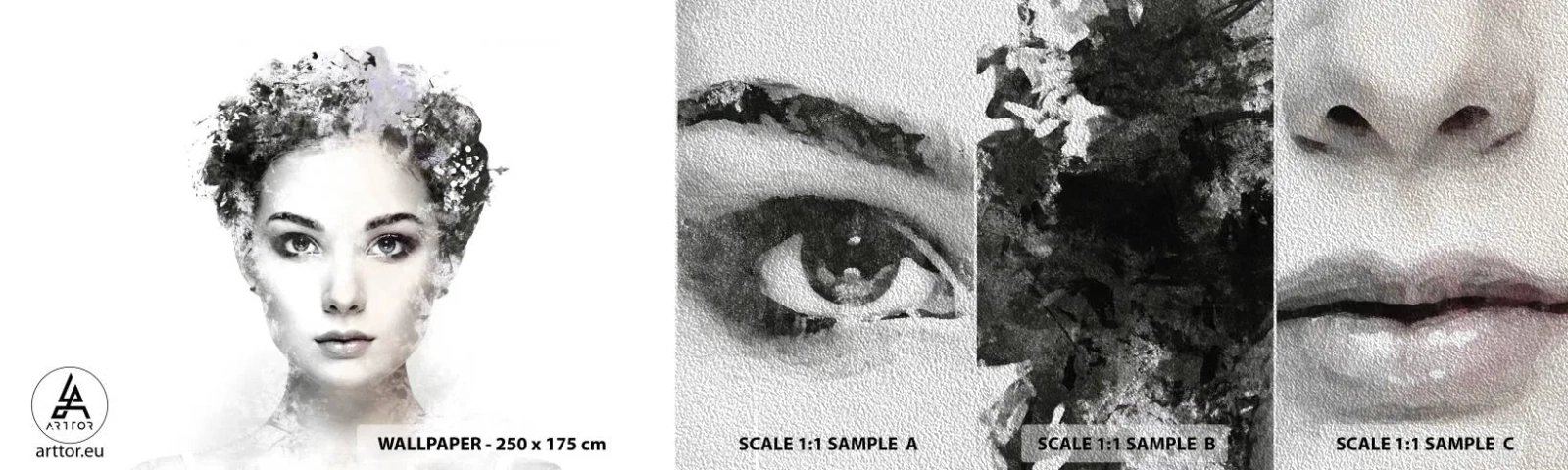 Échantillon de Papier Peint Premium Sand - Un portrait extrêmement stylé - Visage de femme, Femme, Abstraction - 100x30 cm