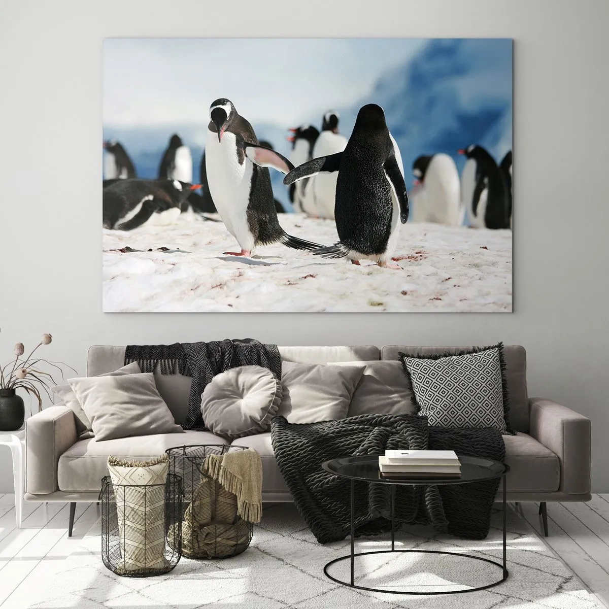 Impression sur verre - Image sur verre - Pingouins dans la neige dans un paysage polaire - 120x80cm - Danser dans la neige - Décoration murale moderne pour le salon et la chambre ARTTOR
