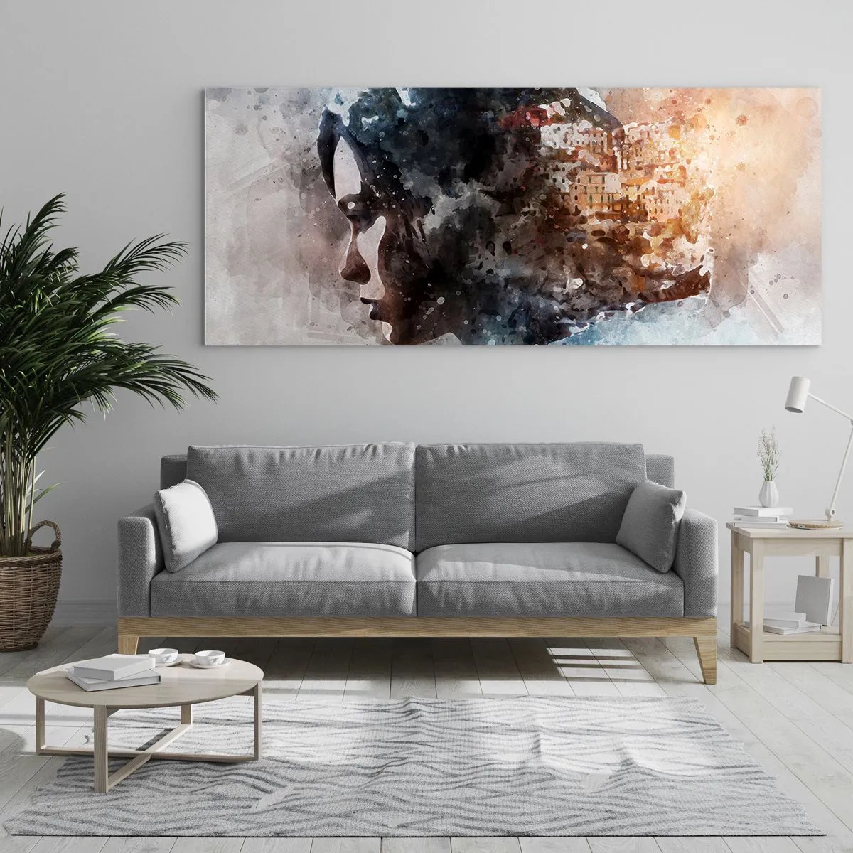 Impression sur verre - Image sur verre - Portrait d'une femme combinant son visage avec un paysage urbain en arrière-plan - 120x50cm - L'histoire d'une fille avec une ville en arrière-plan - Décoration murale moderne pour le salon et la chambre ARTTOR