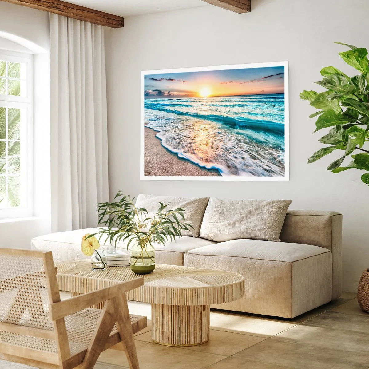 Affiche - Poster - Lever de soleil sur une plage tranquille avec des vagues - 100x70cm - Une vue qui en vaut la peine - Décoration murale moderne pour le salon et la chambre ARTTOR