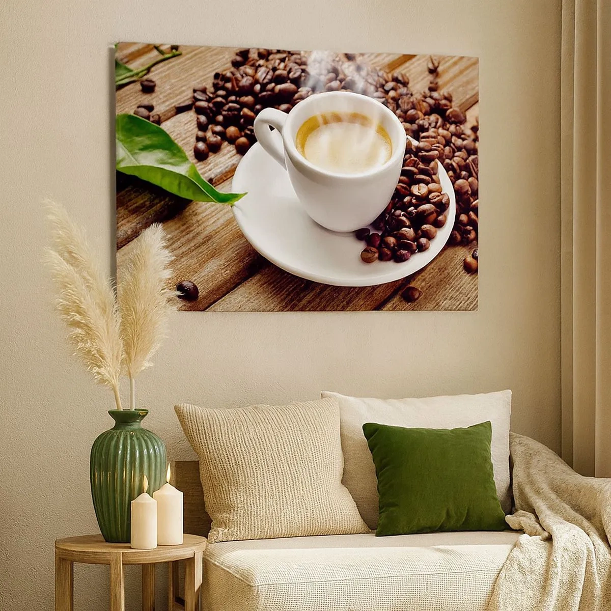 Impression sur toile - Image sur toile - Une tasse de café aromatique sur fond de grains et d'une feuille - 70x50cm - Café sur un banc - Décoration murale moderne pour le salon et la chambre ARTTOR