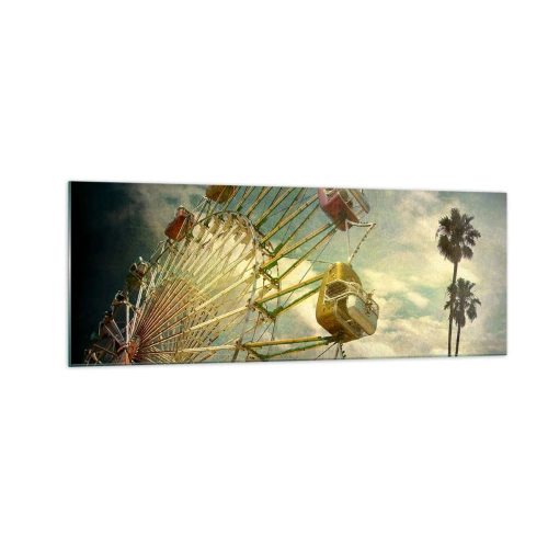 Impression sur verre - Image sur verre - Photo rétro d'une grande roue avec des palmiers contre le ciel - 140x50cm - On va faire la fête - Décoration murale moderne pour le salon et la chambre ARTTOR