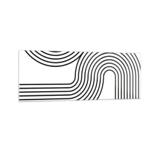 Impression sur verre - Image sur verre - Une peinture abstraite avec des lignes noires créant des motifs géométriques sur un fond blanc. - 140x50cm - En plein virage - Décoration murale moderne pour le salon et la chambre ARTTOR