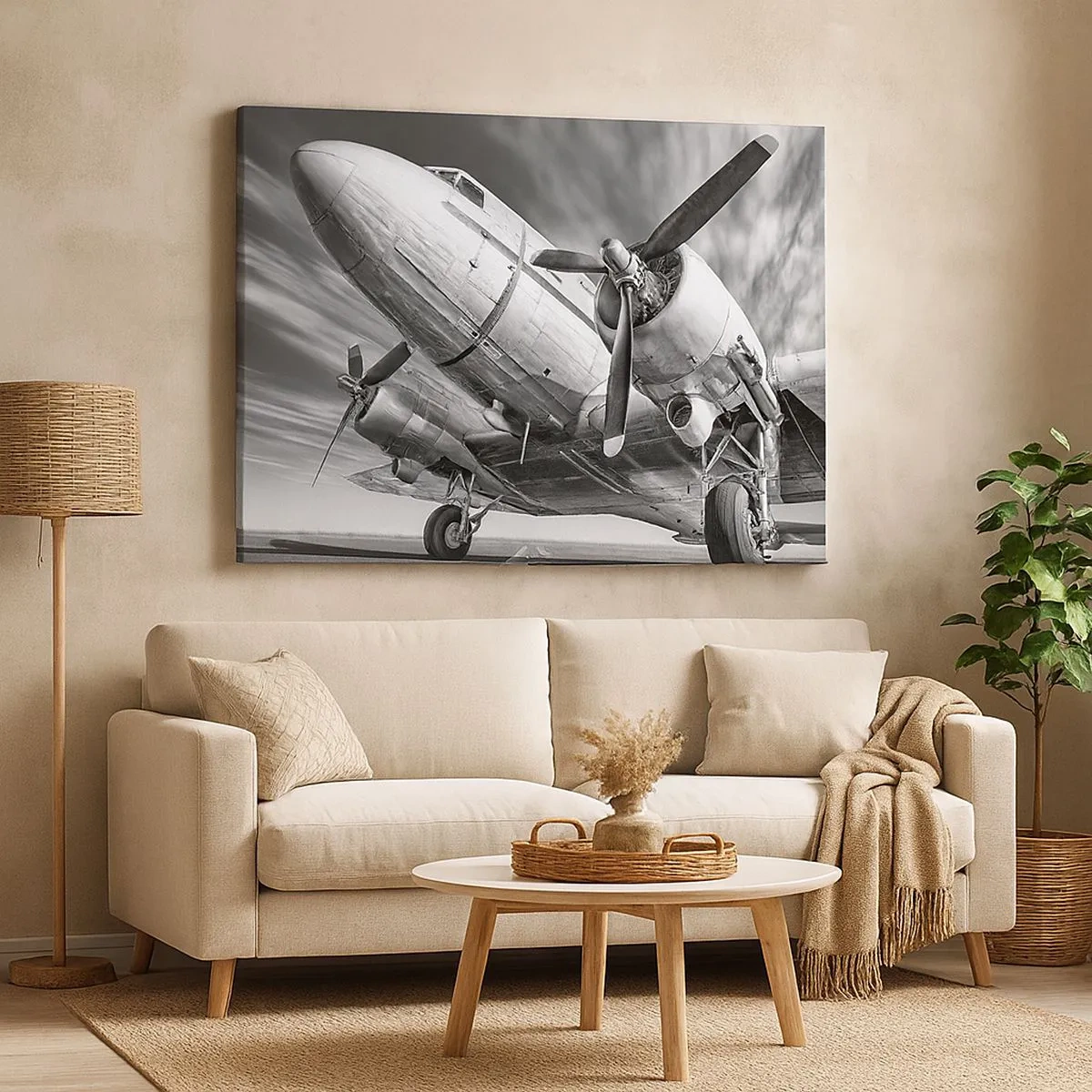 Impression sur toile - Image sur toile - Une image en noir et blanc d'un avion classique avec des détails structurels visibles. - 70x50cm - Toujours prêt à voler - Décoration murale moderne pour le salon et la chambre ARTTOR